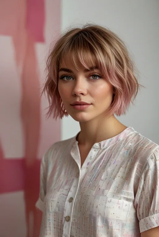 12. Shaggy Bob with Textured Ends and Pastel Pink Highlights