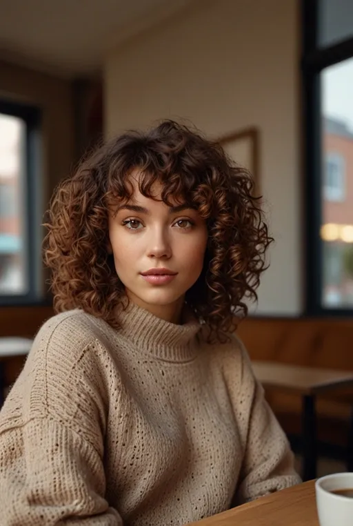 3. Rich Cinnamon Curls With Layered Bangs