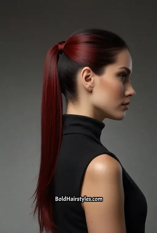 10. Sleek Low Ponytail With Crimson Ends