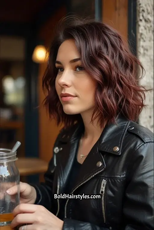 10. Wavy Black Cherry Hair With Shaggy Layers