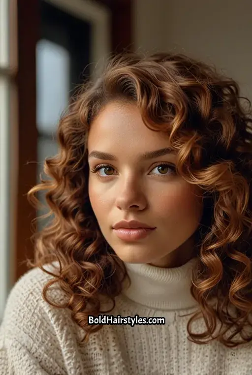 11. Voluminous Brown Sugar Curls with Auburn Highlights