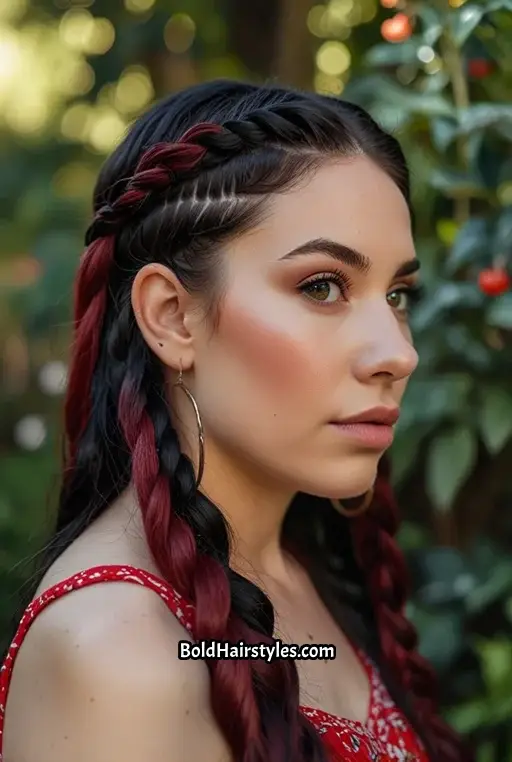 12. Half-Up Braided Style With Cherry Red Strands