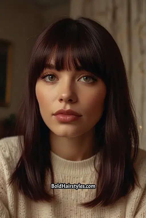 13. Black Cherry Hair With Curtain Bangs