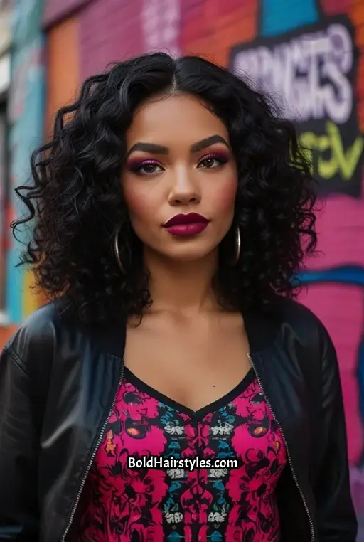 14. Curly Black Hair With Magenta Highlights