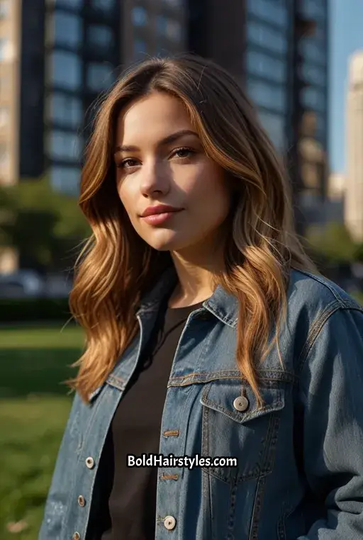 14. Medium Brown with Caramel and Blonde Streaks