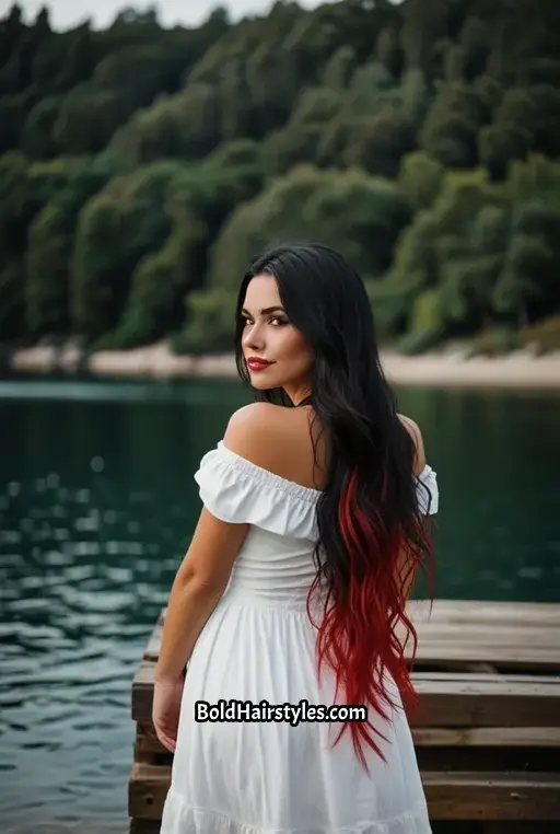 15. Side-Swept Black Hair With Bright Red Tips