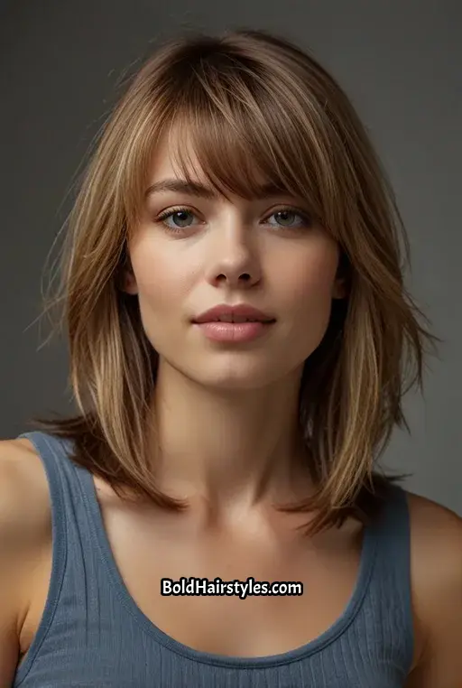 17. Shoulder Length Layered Hair with Side-Swept Bangs