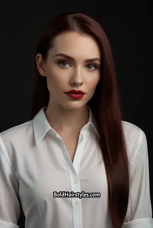 18. Black Cherry Hair With Sleek Low Ponytail