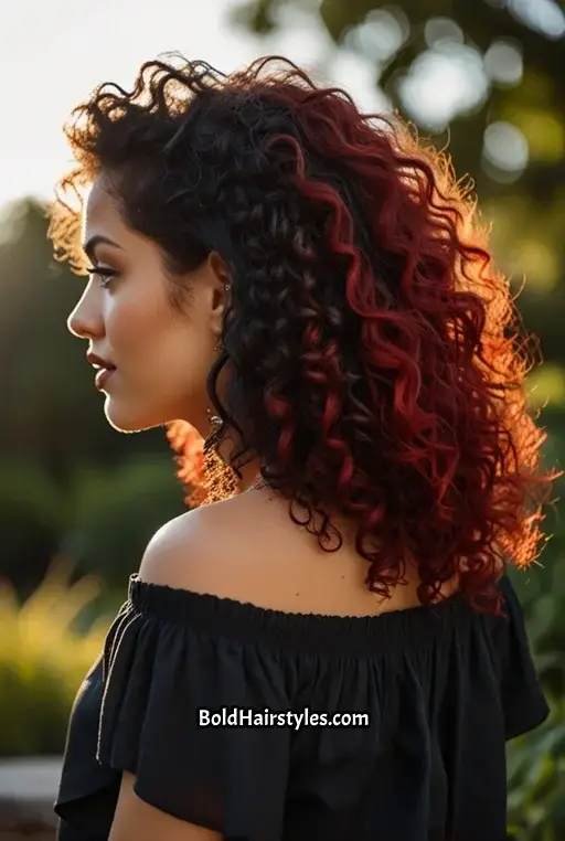 2. Voluminous Curls With Red Ombre Highlights