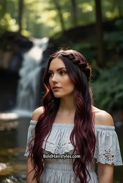20. Black Cherry Hair With Waterfall Braid