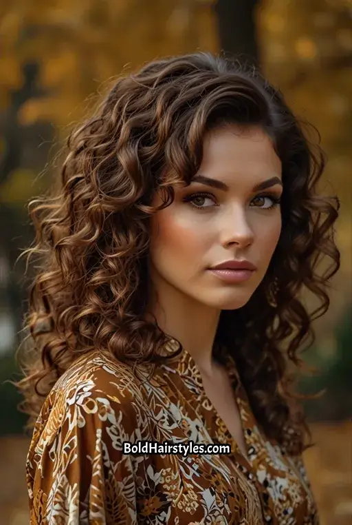 22. Chestnut Brown Curls with Caramel Streaks