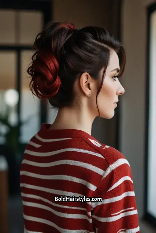 24. Half-Up Knot With Bold Red Highlights