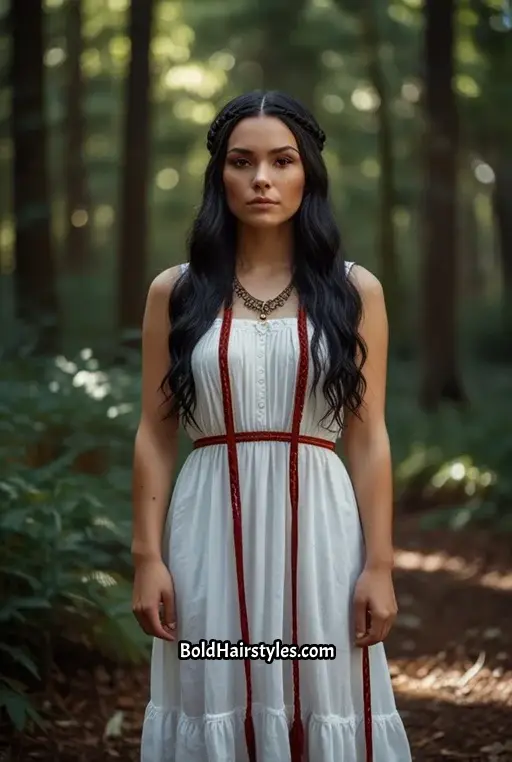 25. Long Black Hair With Crimson Streaks and Braided Accents