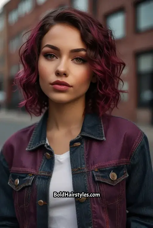 4. Curly Black Cherry Hair With Face-Framing Highlights