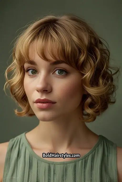 6. Curly Bob with Fringed Bangs