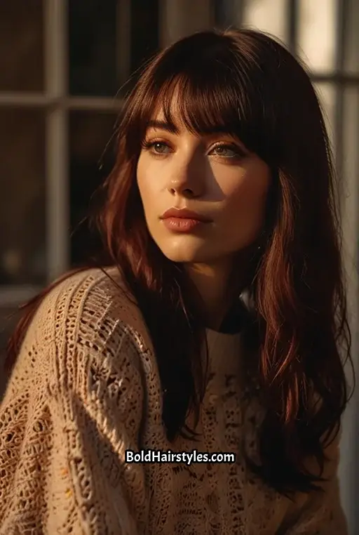 8. Long Black Cherry Hair With Side Swept Bangs