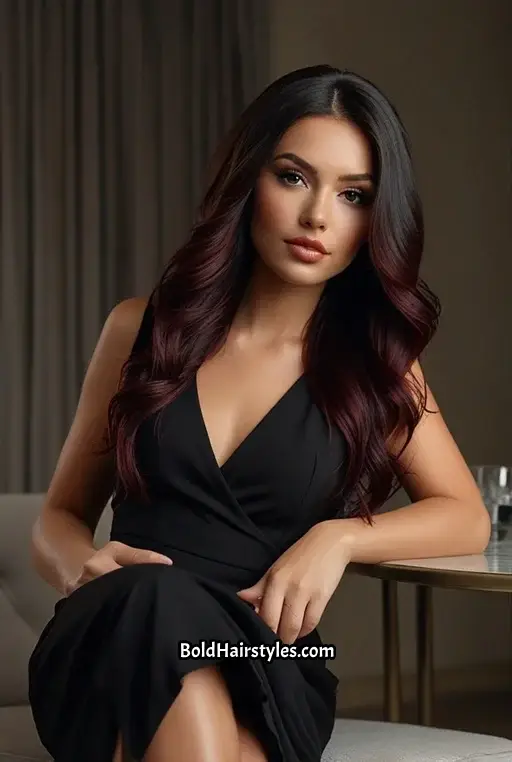 8. Side-Parted Black Hair With Burgundy Highlights