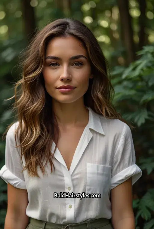 9. Warm Brown Balayage on Wavy Hair