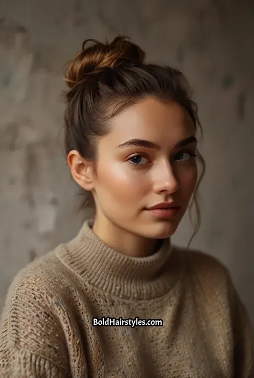 12. Messy Top Knot with Face-Framing Strands