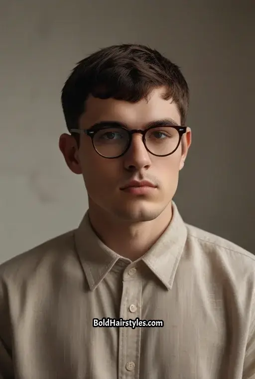 13. Caesar Cut with Oval Glasses