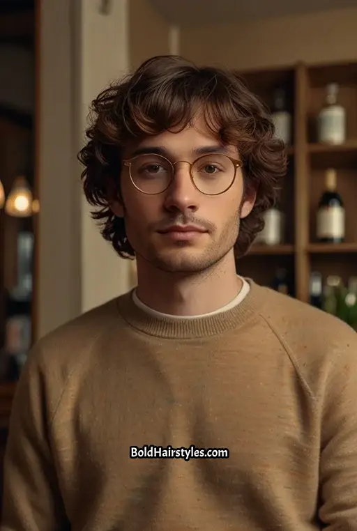 13. Wavy Curtain Bangs with Square Gold Frames