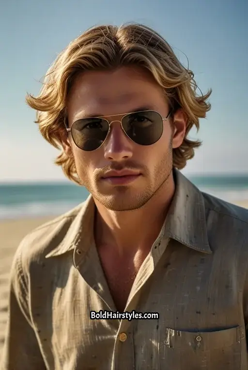 15. Messy Beach Waves with Black Aviator Frames