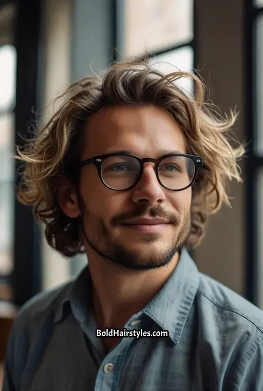 17. Messy Textured Hair with Square Glasses