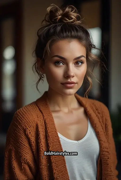 22. Messy Top Knot with Curly Fringes