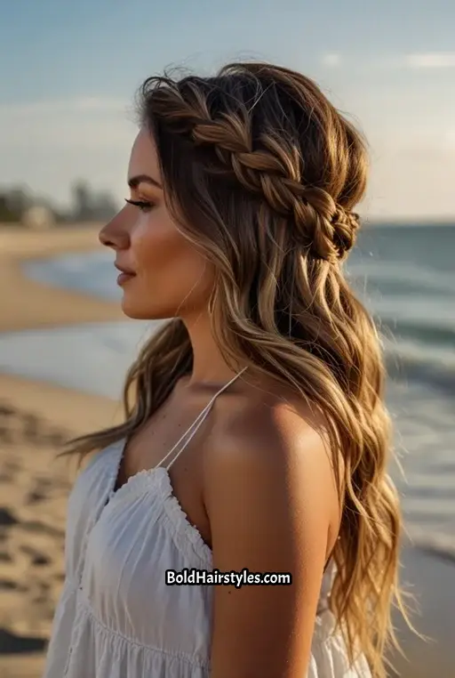 4. Half-Up Braided Crown with Beach Waves