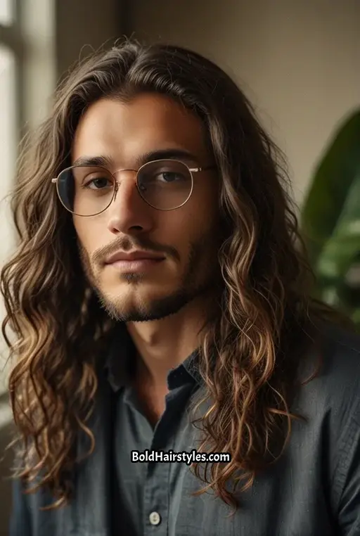6. Long Wavy Hair with Metal Glasses
