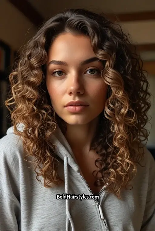 7. Side Swept Curls Under a Hoodie
