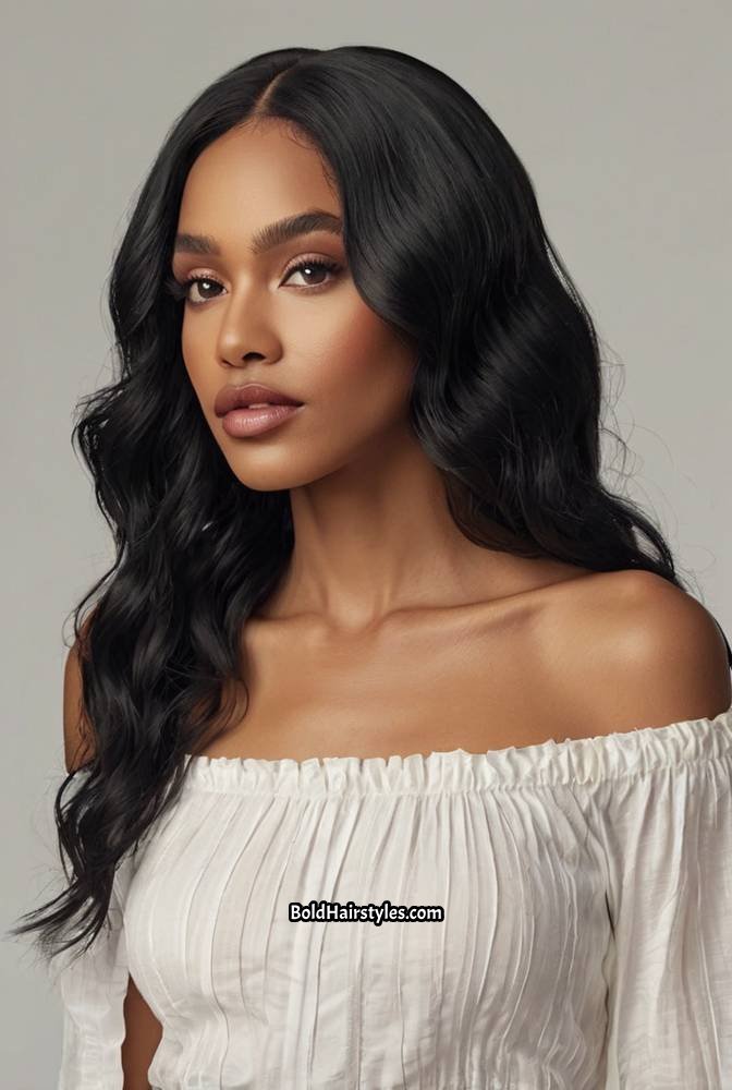 10. Deep Black Wet and Wavy Wig with Middle Part