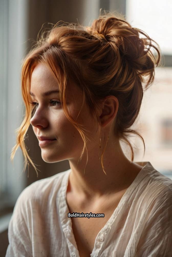 10. Messy Copper Bun with Face-Framing Strands