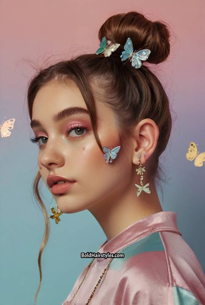 10. Space Buns with Mini Butterfly Clips