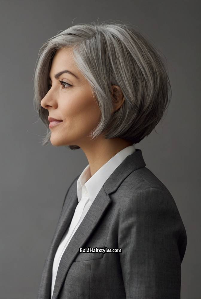 11. Short Stacked Grey Bob with Volume