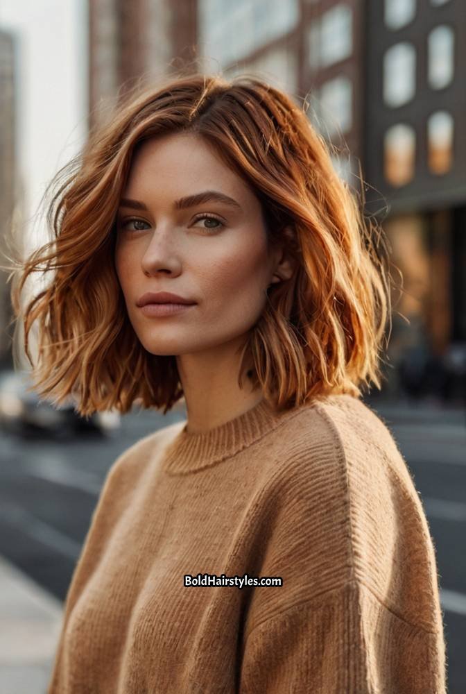 11. Wavy Copper Lob for a Modern Touch