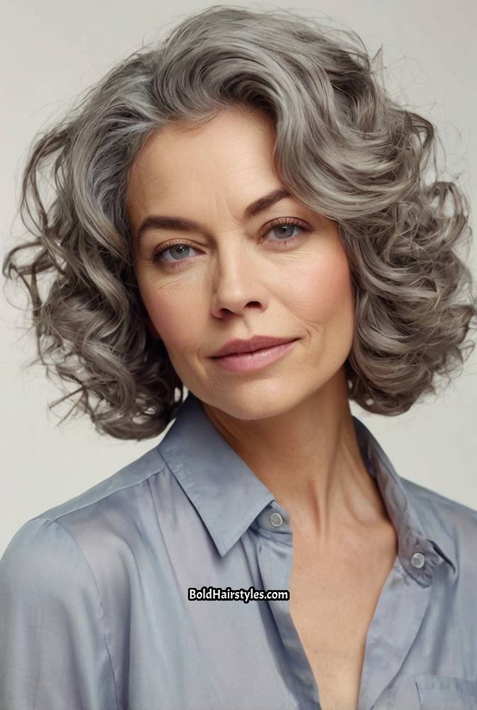 13. Side-Swept Grey Bob with Soft Curls