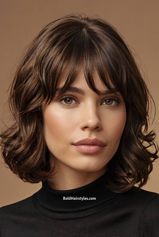13. Wet and Wavy Wig with Layered Bangs