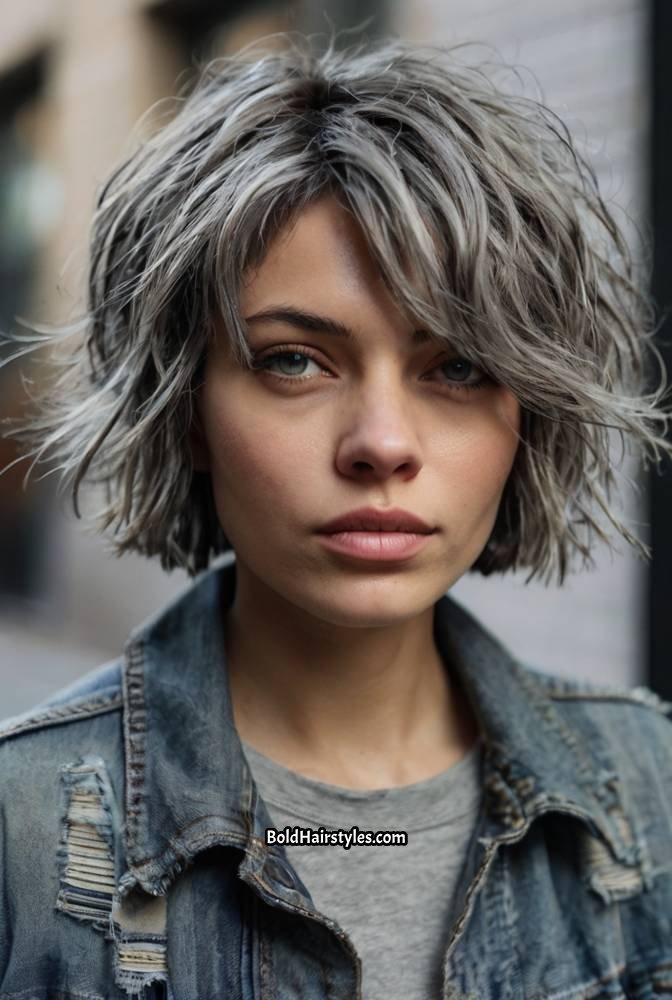 14. Choppy Grey Bob with Messy Texture