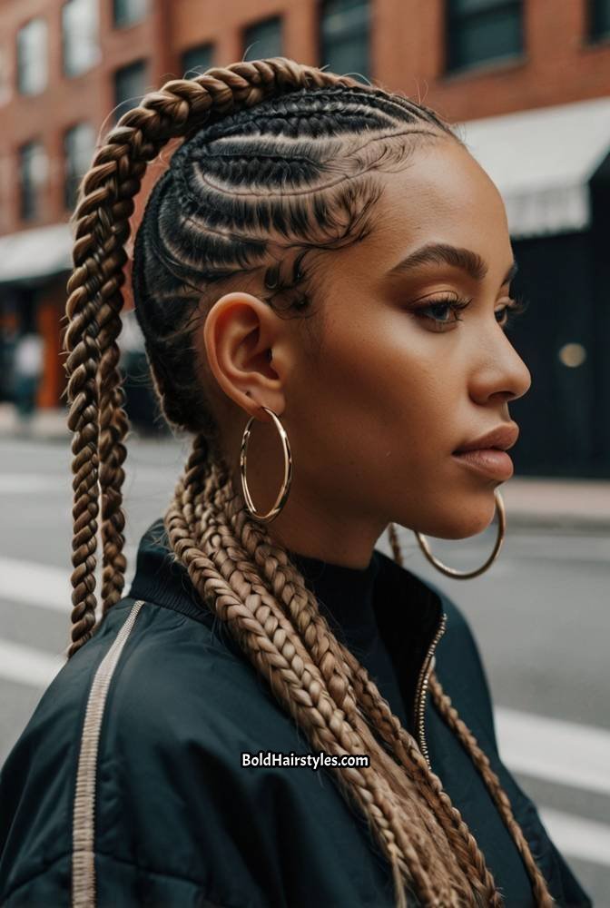 14. Slicked-Down Cornrow Braids into a Low Ponytail