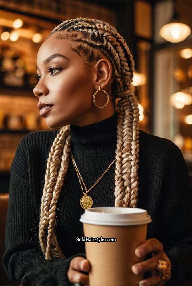 15. Chunky Box Braids with Gold Accessories