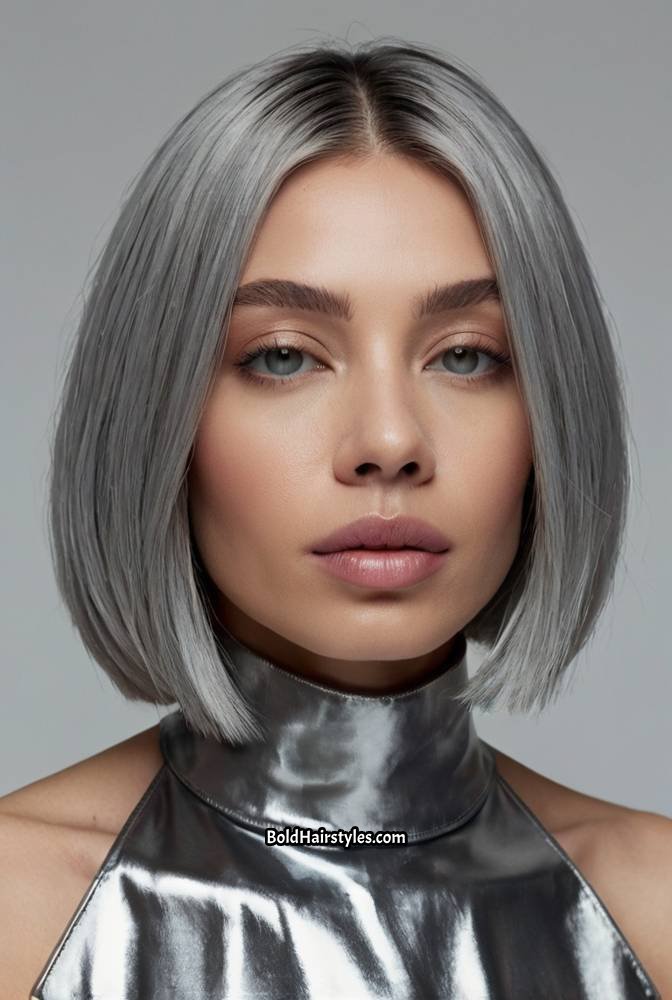 15. Icy Grey Bob with Sleek Middle Part