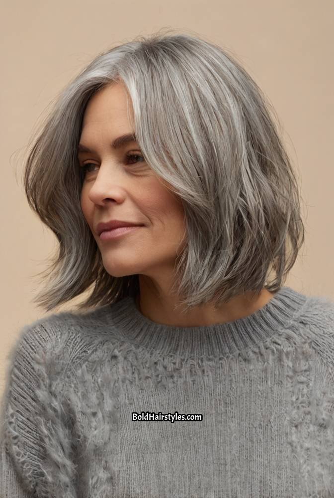 16. Feathered Grey Bob with Wispy Ends