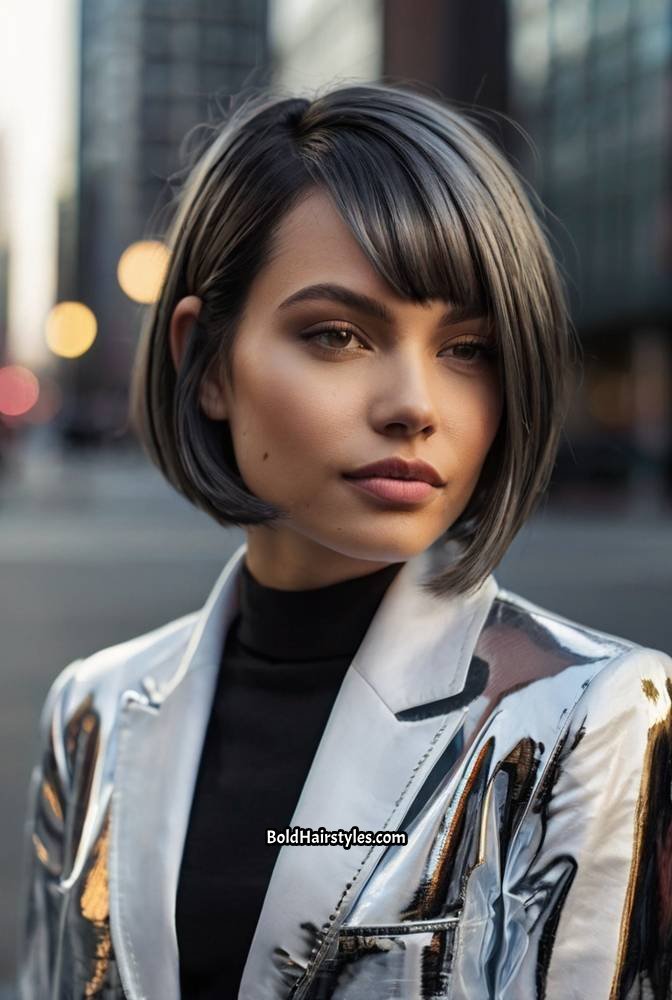 17. Glossy Charcoal Grey Bob with a Side Part