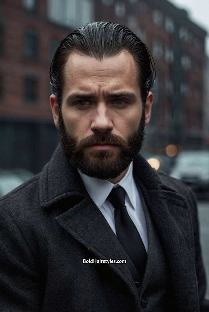 18. Long Slicked-Back Hair with Beard