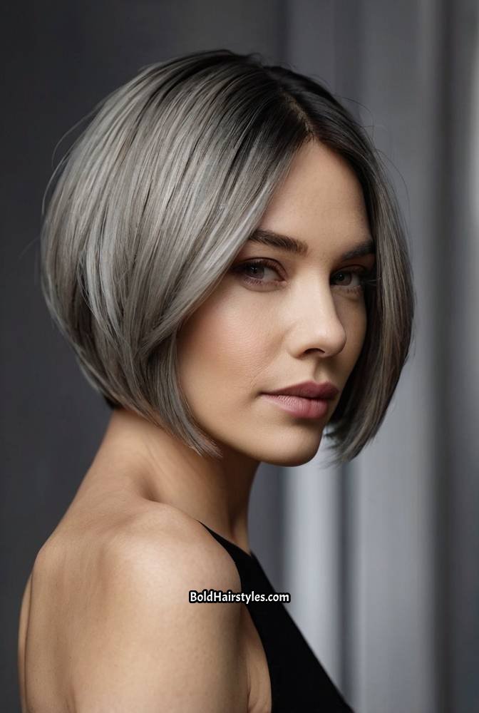 19. Angled Grey Bob with a Sleek Finish