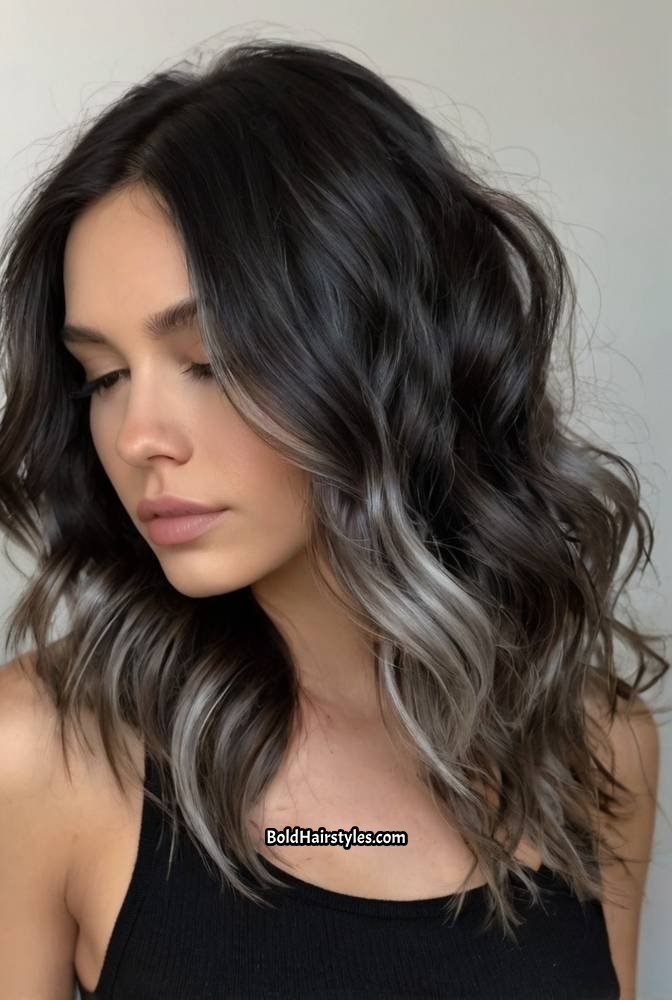 19. Dark Brown Hair with Icy Platinum Face-Framing Streak