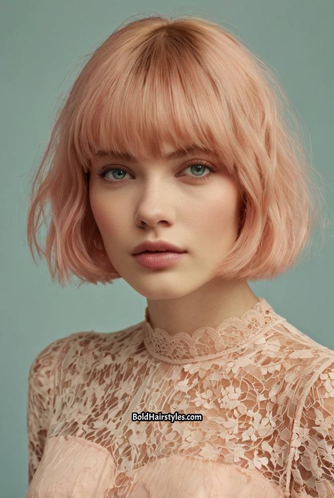 19. Peach Blush Bob with Wispy Bangs
