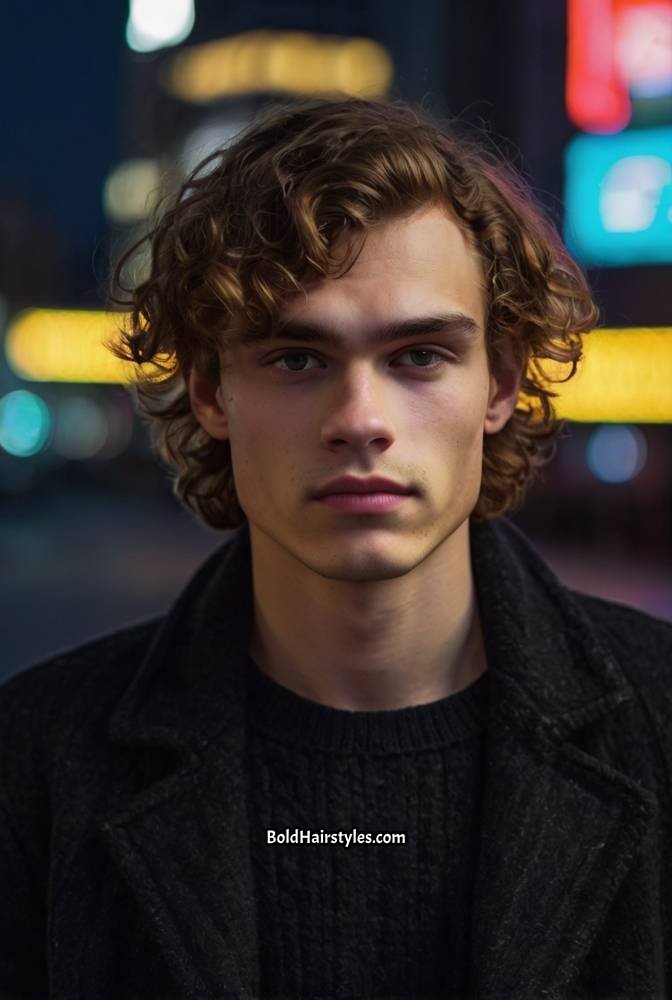 2. Loose Curly Fringe with Mid Fade
