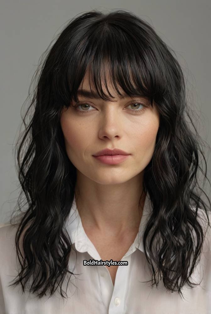 2. Shoulder-Length Wet and Wavy Wig with Curtain Bangs